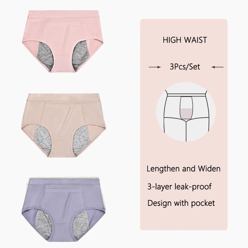 3-Pack High-Waist Menstrual Panties – Leak-Proof Cotton Period Briefs for Women