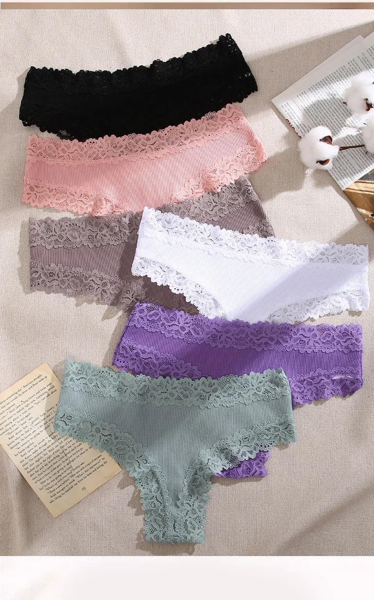 3PCS Women's Lace Seamless Cotton Panties – Ribbed Brazilian Low Waist Underwear, Breathable & Plus Size Lingerie Style Heaven