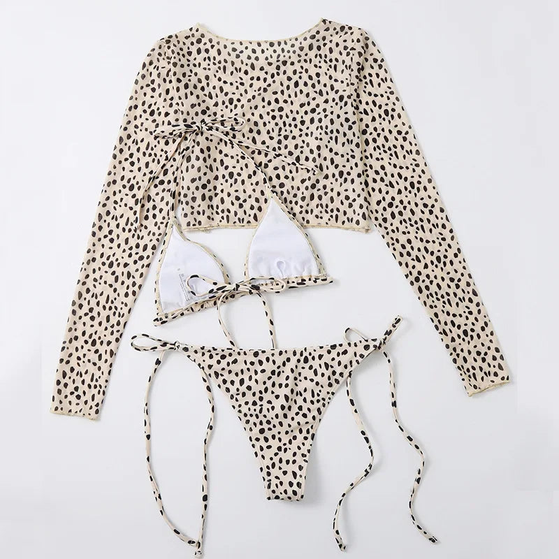 Leopard Print 3-Piece Micro Bikini Set – Halter Top, Low Waist Bottoms & Cover-Up - Style Heaven