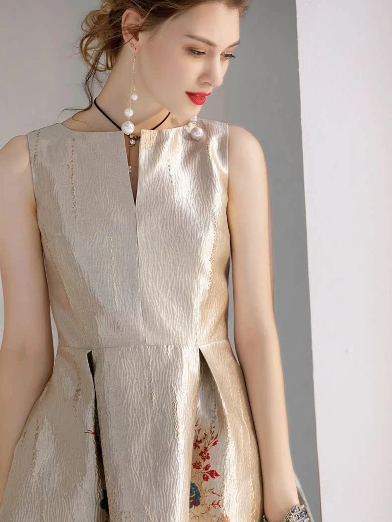 Luxury Women’s Jacquard A-Line Ball Gown – Sleeveless Summer Midi Party Dress Style Heaven