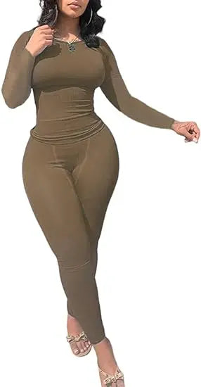 Women's 2PCS Solid Color Yoga Set – Long Sleeve Top & High-Stretch Leggings Activewear Style Heaven