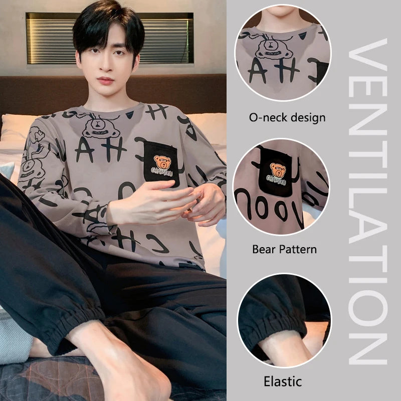 Men’s Plus Size Cartoon Bear Pajama Set – Cozy Striped Long-Sleeve Loungewear - Style Heaven