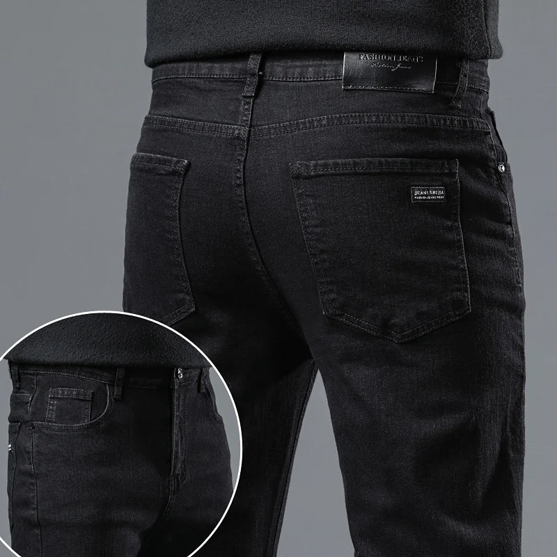 Men’s Pure Black Straight Fit Jeans – Classic Elastic Denim Business Trousers - Style Heaven