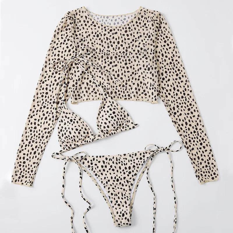 Leopard Print 3-Piece Micro Bikini Set – Halter Top, Low Waist Bottoms & Cover-Up - Style Heaven