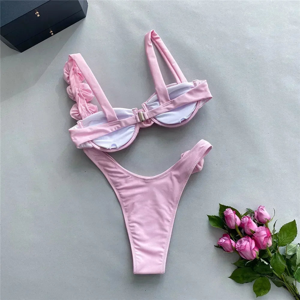 Sexy 3D Flower Shiny Pink Push-Up Bikini – Underwired High-Cut Bathing Suit with Wrinkled Detailing – 2025 Swimwear Set Style Heaven