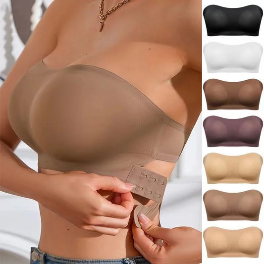 Strapless Side-Clasp Bra – Nylon Knit with Removable Padding & Crisscross Detail