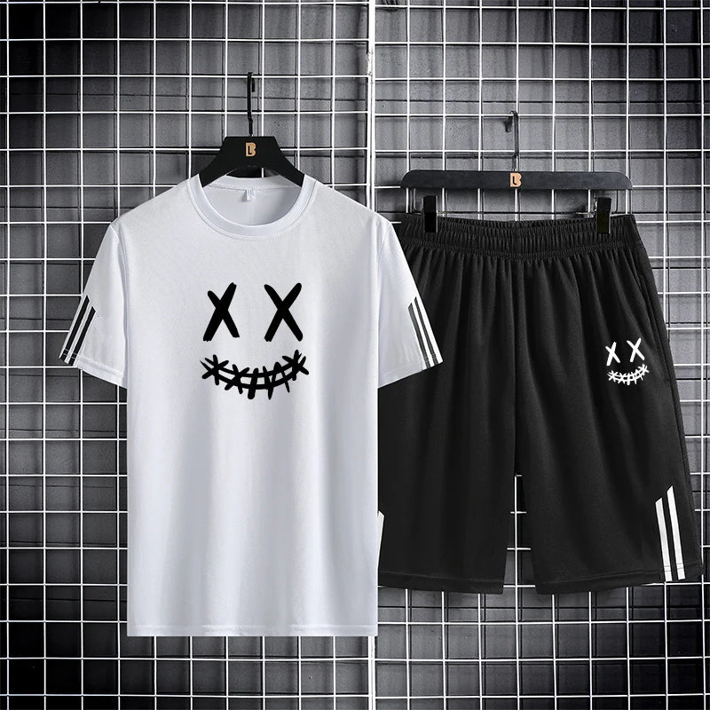 Three-Bar Trendy Men's Sports Set – Smiling Face Print Mesh T-Shirt & Pants Style Heaven