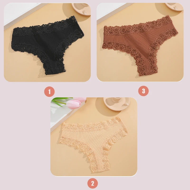 3PCS Women's Lace Seamless Cotton Panties – Ribbed Brazilian Low Waist Underwear, Breathable & Plus Size Lingerie Style Heaven