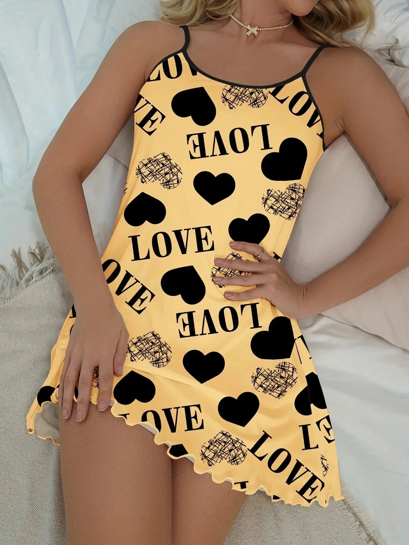 Women's Heart & Letter Print Nightdress – Sexy Lettuce Trim Slip Sleepwear Style Heaven