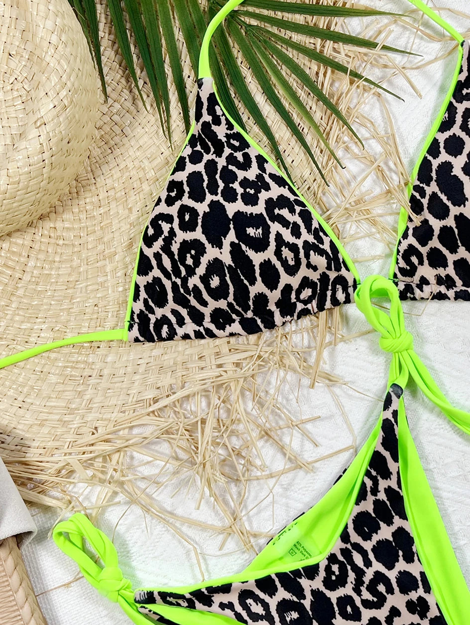 2024 Sexy Leopard Micro Bikini – Women’s Brazilian Halter Swimwear Set with Lace-Up Design Style Heaven