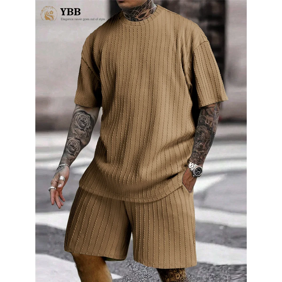 Men’s Two-Piece Summer Set – Solid Stripe T-Shirt & Shorts Casual Gym Streetwear Style Heaven