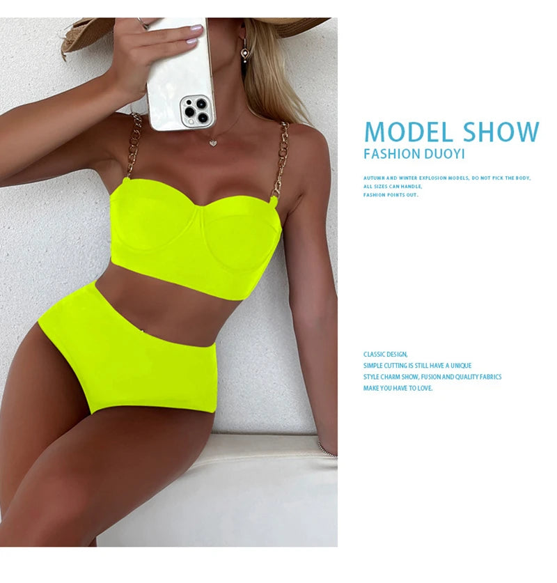 7 Colors High Waist Bikini Set – Padded Wrap Top with Chain Shoulder Straps – Fluorescent Green/Black/Bright Orange Style Heaven