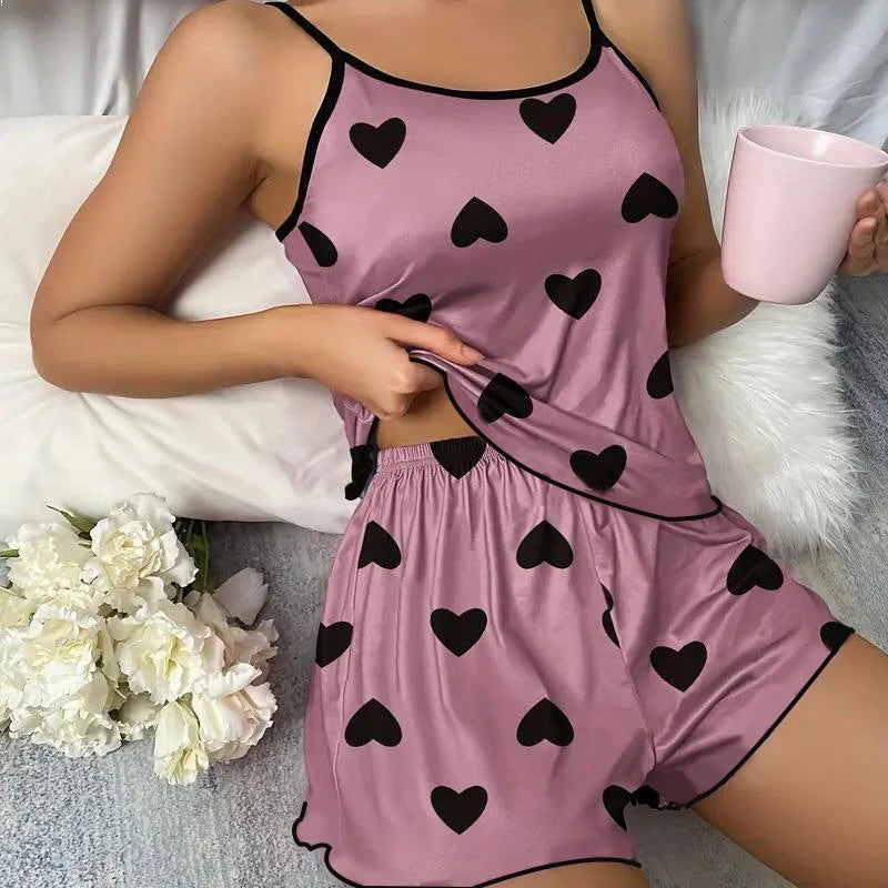 Pink Heart Print Pajama Set – Comfy Ice Silk Summer Sleepwear Style Heaven