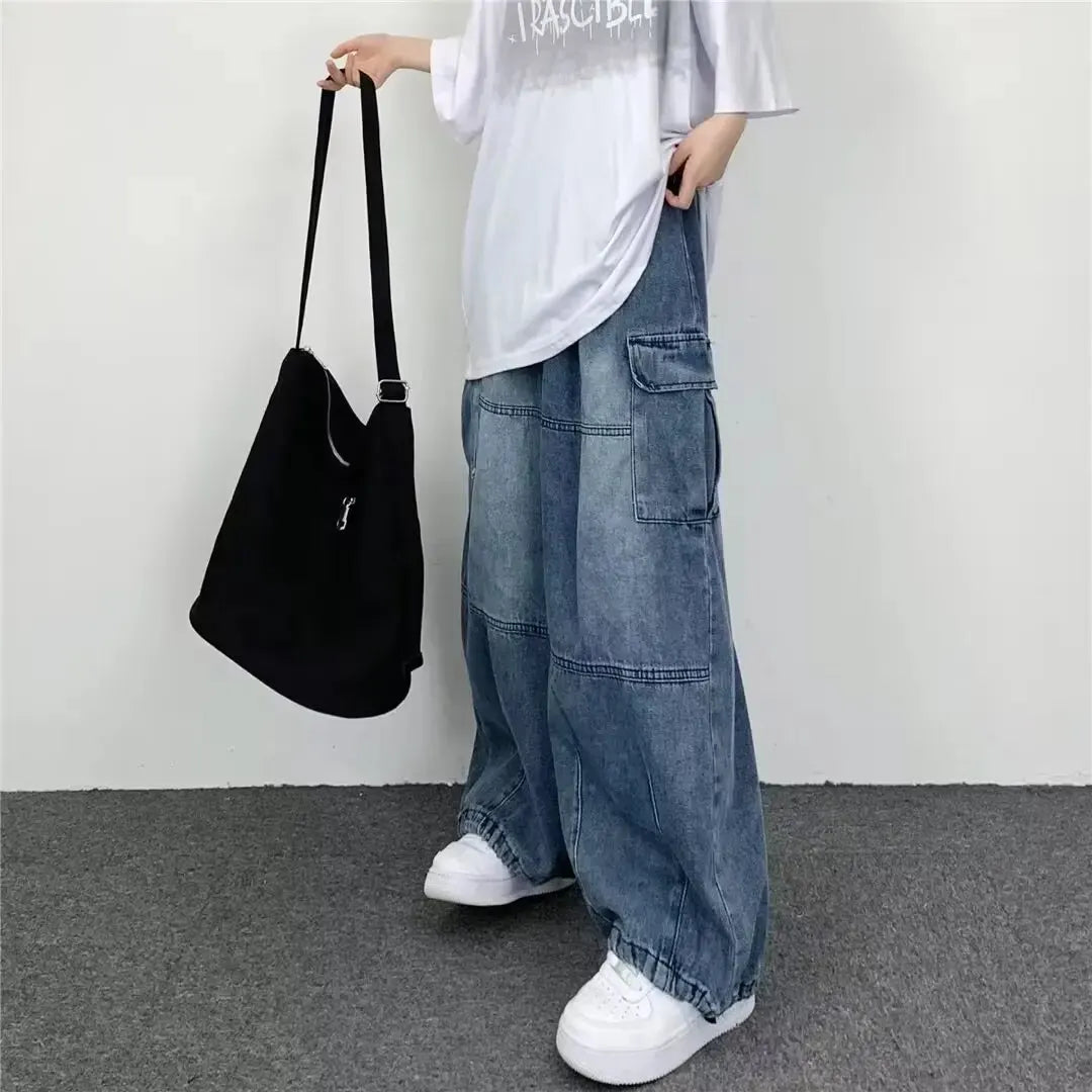 Spring & Autumn Vintage Wide-Leg Overalls – Big Pocket Y2K Loose Fit Hip-Hop Jeans Style Heaven