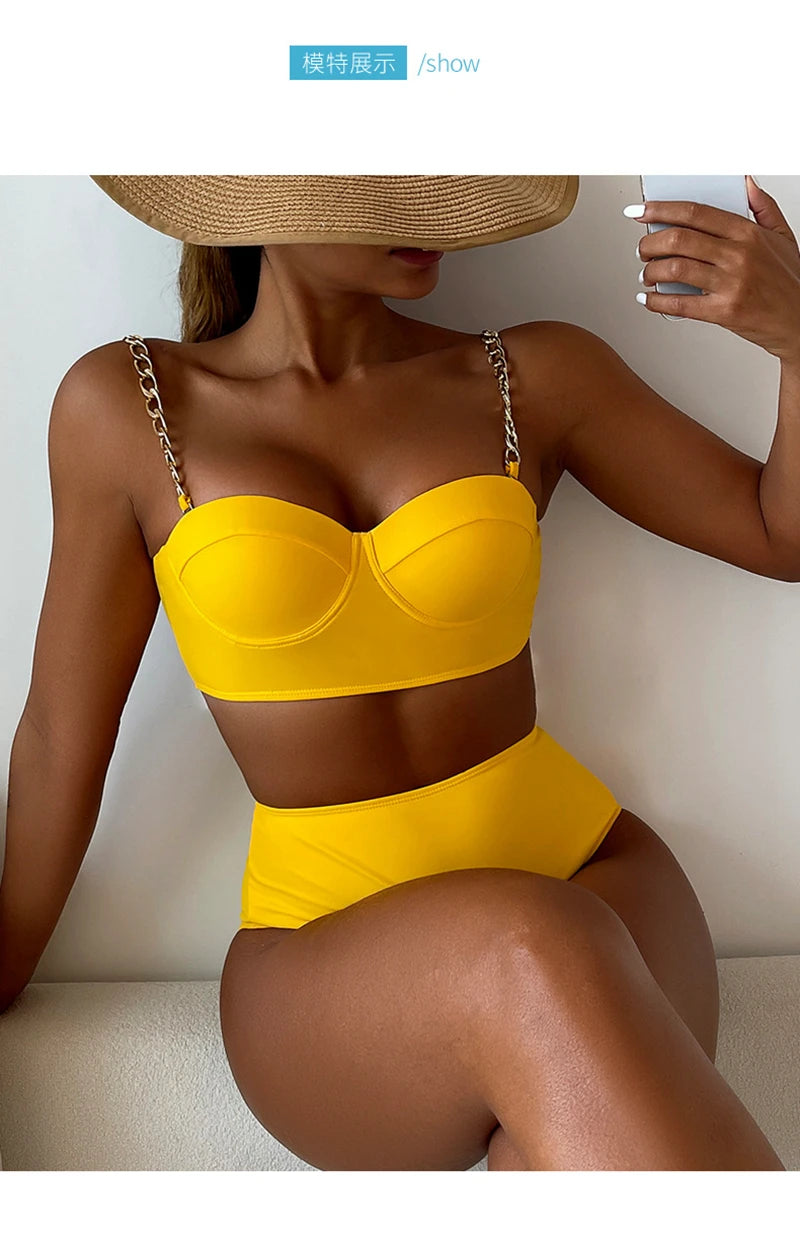 7 Colors High Waist Bikini Set – Padded Wrap Top with Chain Shoulder Straps – Fluorescent Green/Black/Bright Orange Style Heaven