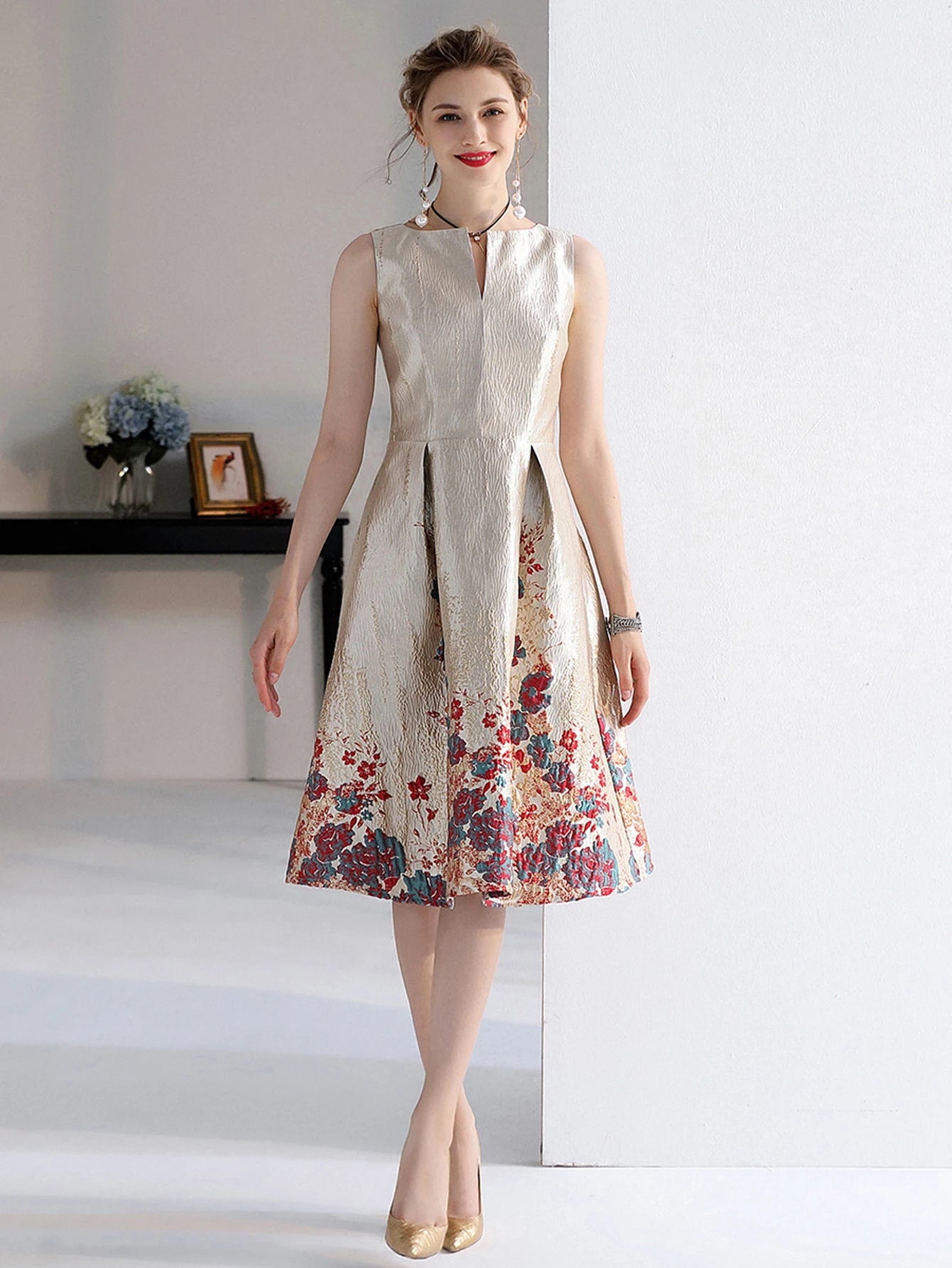 Luxury Women’s Jacquard A-Line Ball Gown – Sleeveless Summer Midi Party Dress Style Heaven