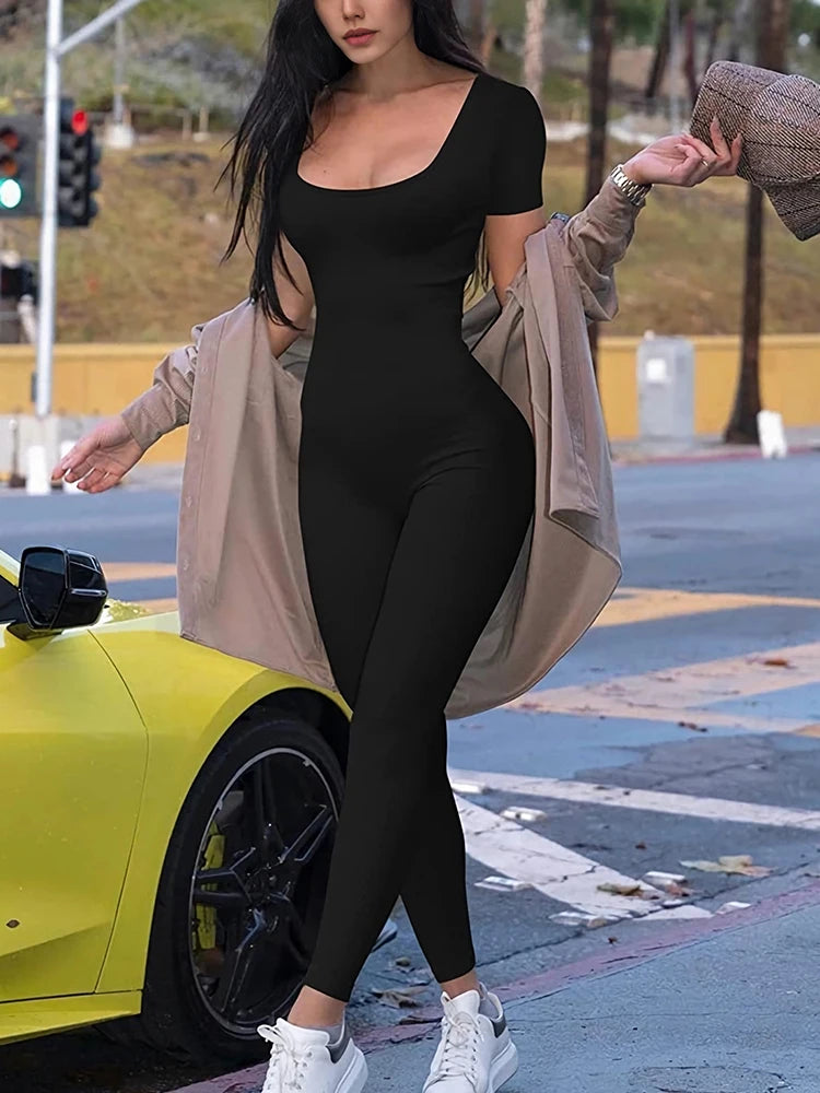 2025 Spring and Summer New Women's One-piece Short Sleeve Solid Color Sexy Slim Fit Street Style Jumpsuit Style Heaven