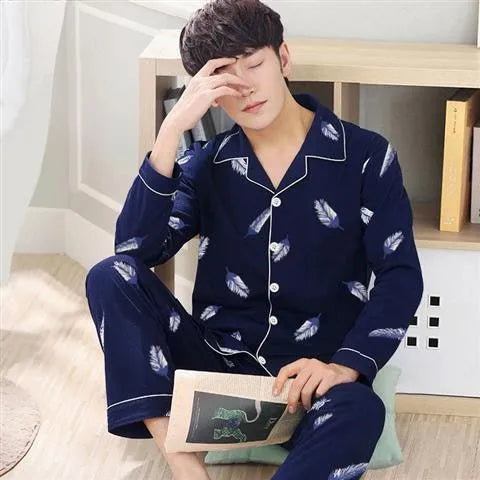 Men's Cotton Pajama Set – Long-Sleeve Shirt & Trousers Casual Homewear for Spring & Summer Style Heaven