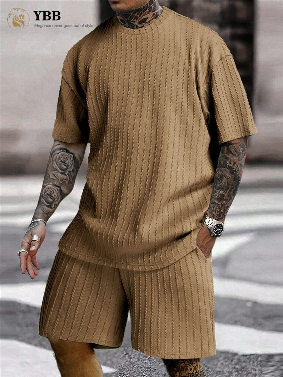 Men’s Two-Piece Summer Set – Solid Stripe T-Shirt & Shorts Casual Gym Streetwear Style Heaven