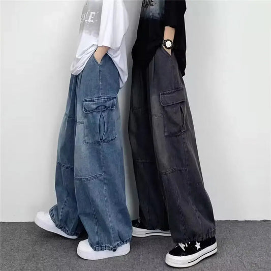 Spring & Autumn Vintage Wide-Leg Overalls – Big Pocket Y2K Loose Fit Hip-Hop Jeans Style Heaven