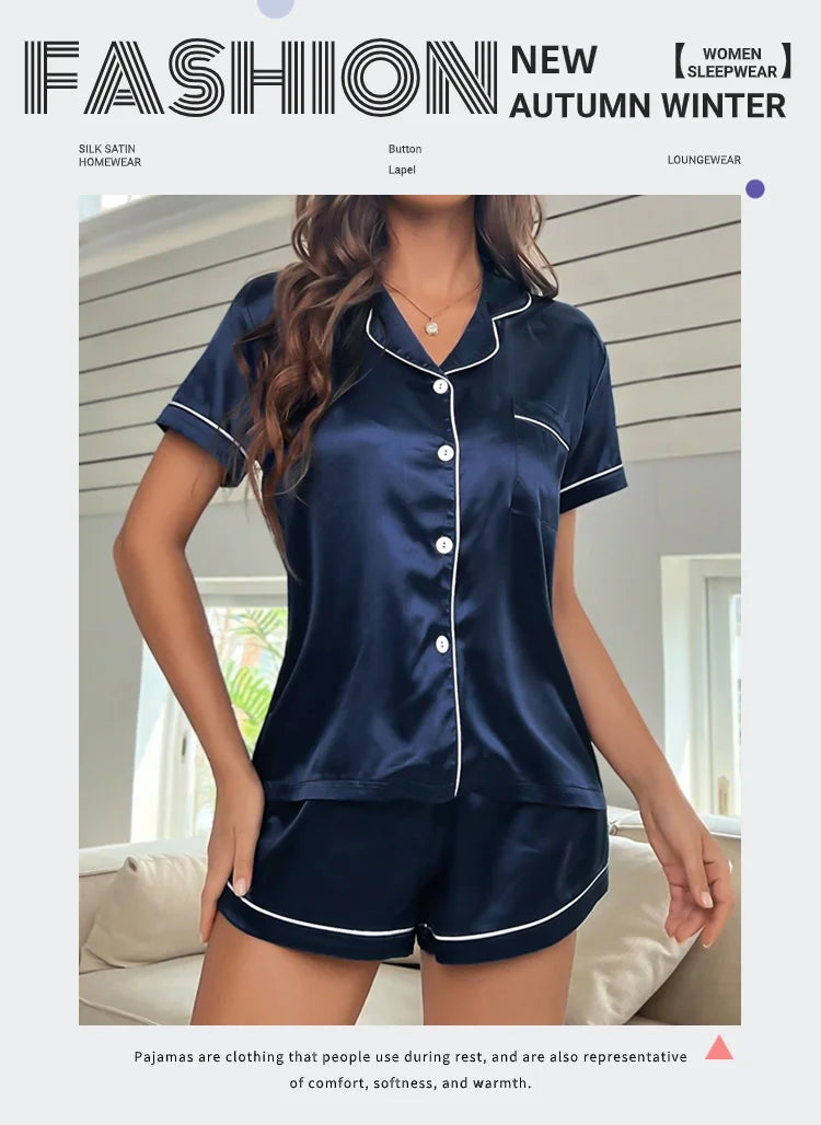 Silk Satin Pajama Set – Button-Down Top & Shorts 2-Piece Sleepwear Style Heaven