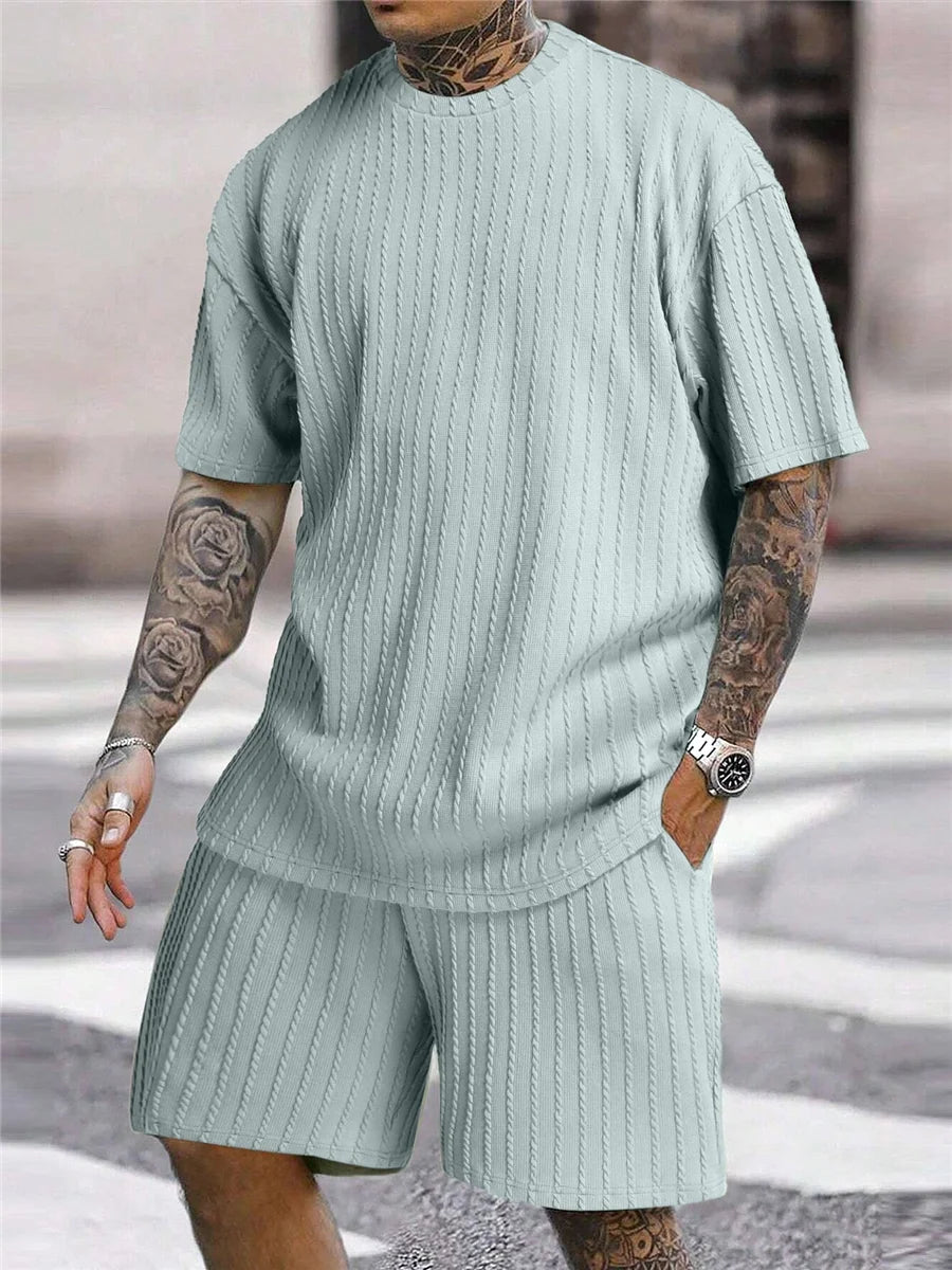 Men’s Two-Piece Summer Set – Solid Stripe T-Shirt & Shorts Casual Gym Streetwear Style Heaven