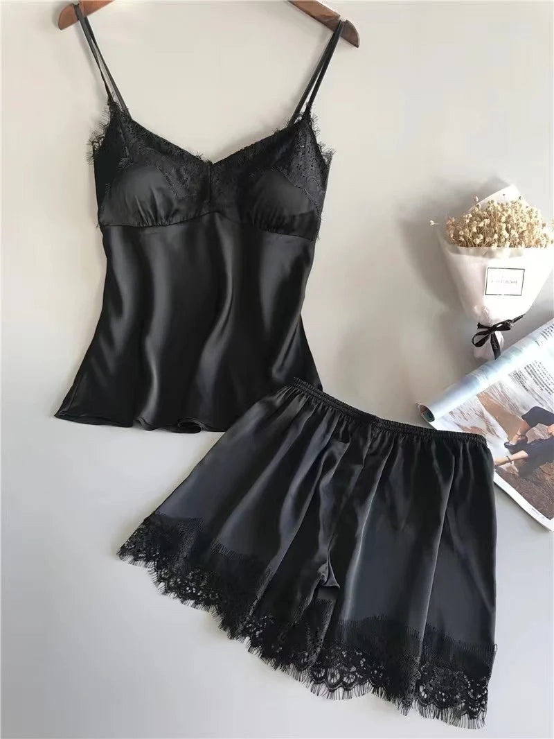 Sexy Lace Halter Pajama Set – 2-Piece Camisole & Shorts Sleepwear Style Heaven