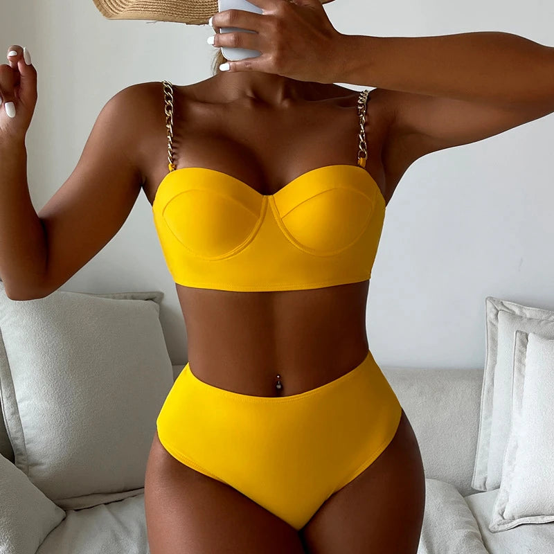 7 Colors High Waist Bikini Set – Padded Wrap Top with Chain Shoulder Straps – Fluorescent Green/Black/Bright Orange Style Heaven