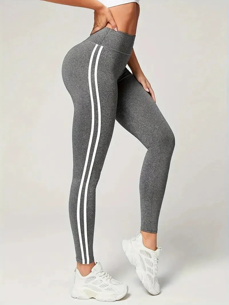 High-Waisted Athletic Leggings with White Stripe – Stretchable Sports Yoga Pants for Running & Casual Wear Style Heaven