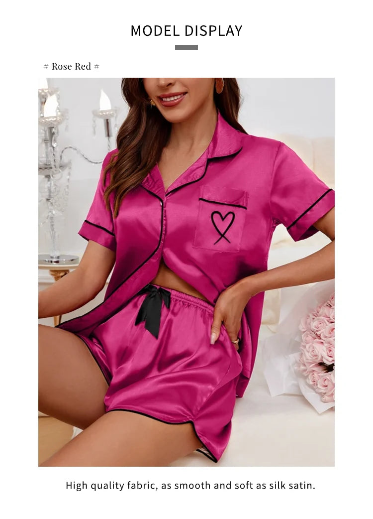 Women’s Heart Embroidered Pajama Set – Short Sleeve Button-Down & Shorts Style Heaven
