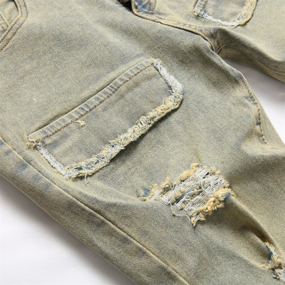 Men’s Retro Ripped Spliced Slim Jeans – Hip-Hop Streetwear Denim - Style Heaven