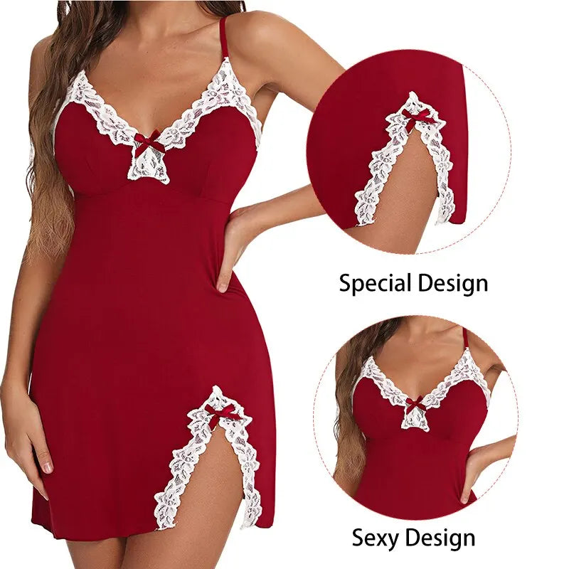 Sexy Lace Silk Satin Nightgown – V-Neck Split Hem Sleepwear Style Heaven