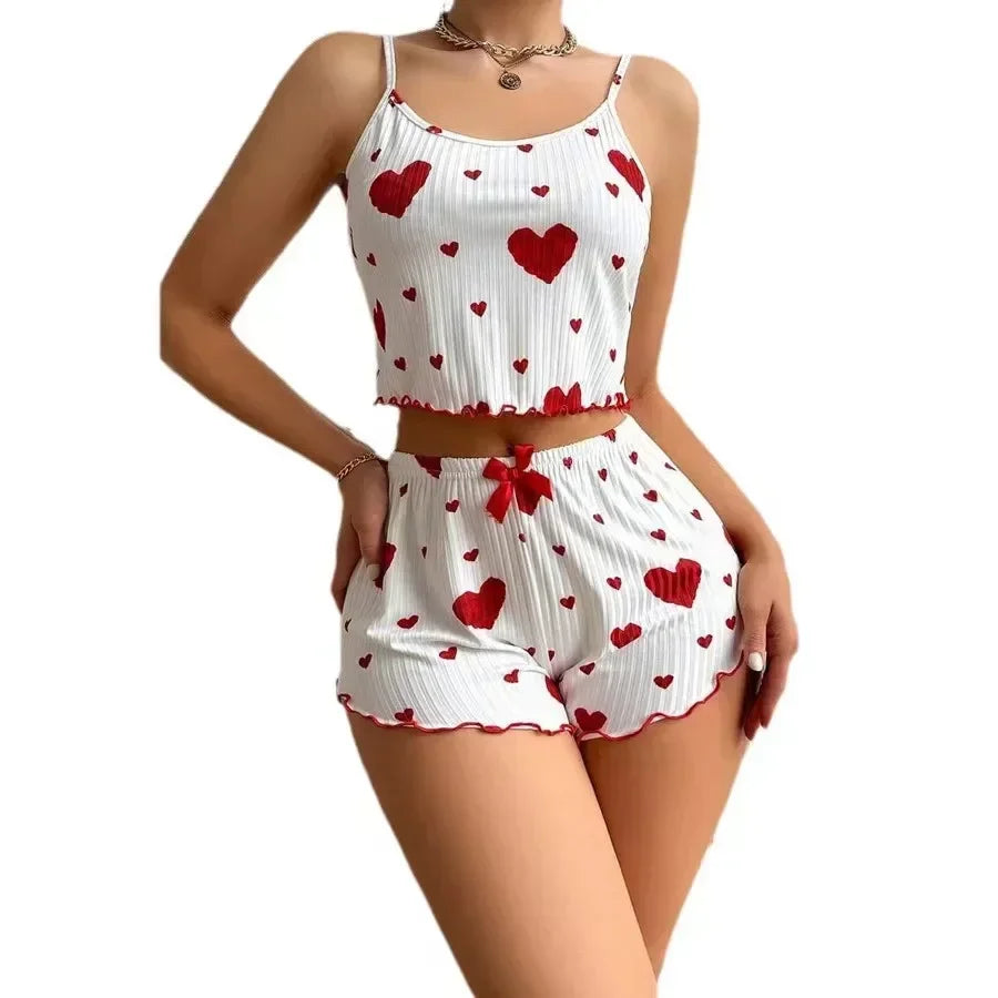 Heart Print Backless Pajama Set – Cute & Comfy Summer Loungewear Style Heaven