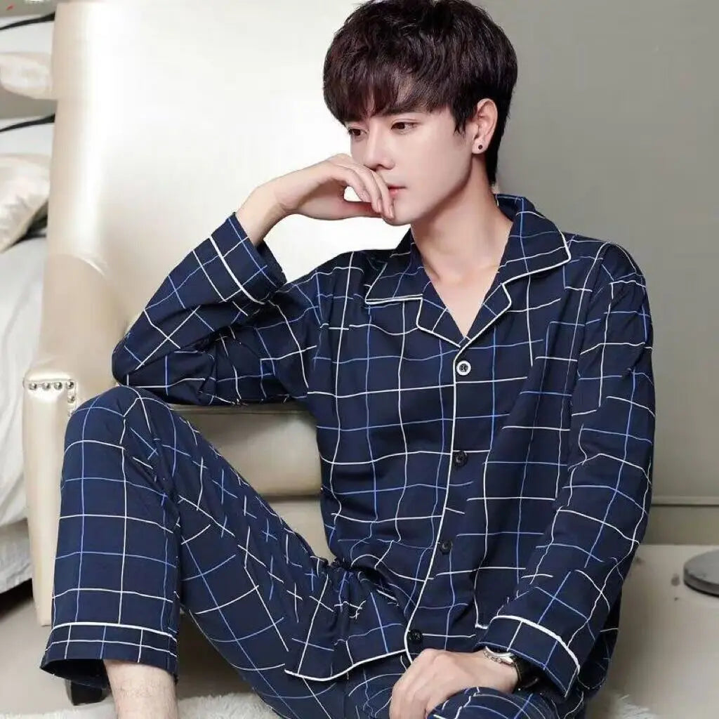 Men's Cotton Pajama Set – Long-Sleeve Shirt & Trousers Casual Homewear for Spring & Summer Style Heaven