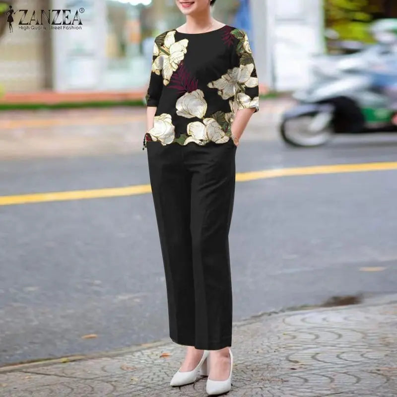 2-Piece Floral Blouse & Pants Set – Elegant Office & Summer Outfit for Women Style Heaven