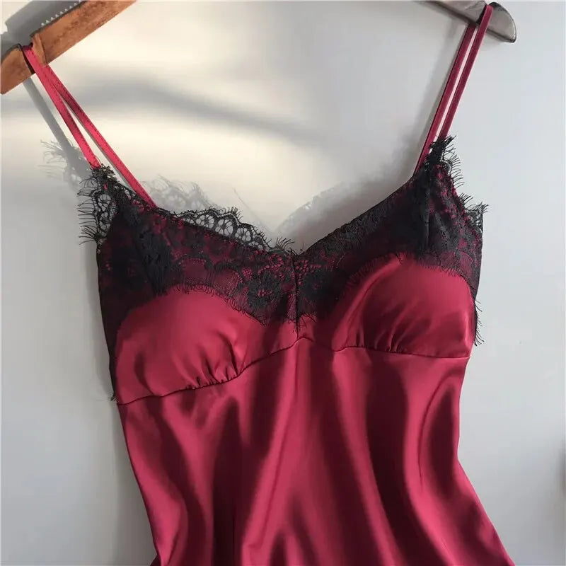 Sexy Lace Satin Pajama Set – V-Neck Babydoll Sleepwear with Bowknot Style Heaven