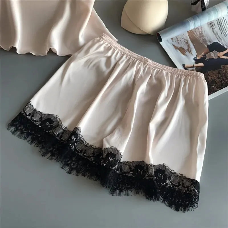 Sexy Lace Satin Pajama Set – V-Neck Babydoll Sleepwear with Bowknot Style Heaven