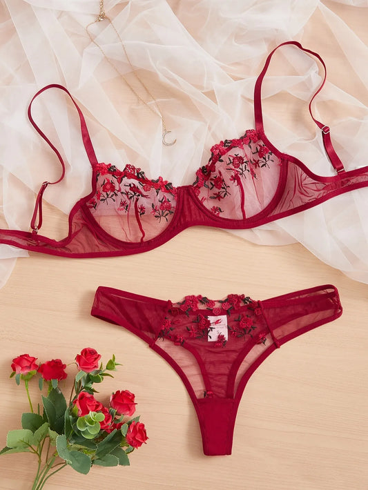 Exquisite Embroidered Lace Bra Set – Floral Transparent Lingerie | S–4XL