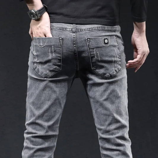 Men’s Grey Elastic Denim Jeans – Slim Fit High-Street Trousers - Style Heaven