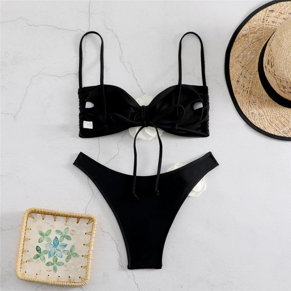 Sexy Flower Bandeau Swimwear Thong Bikini – Lace-Up Brazilian Bikinis Set for Women Style Heaven