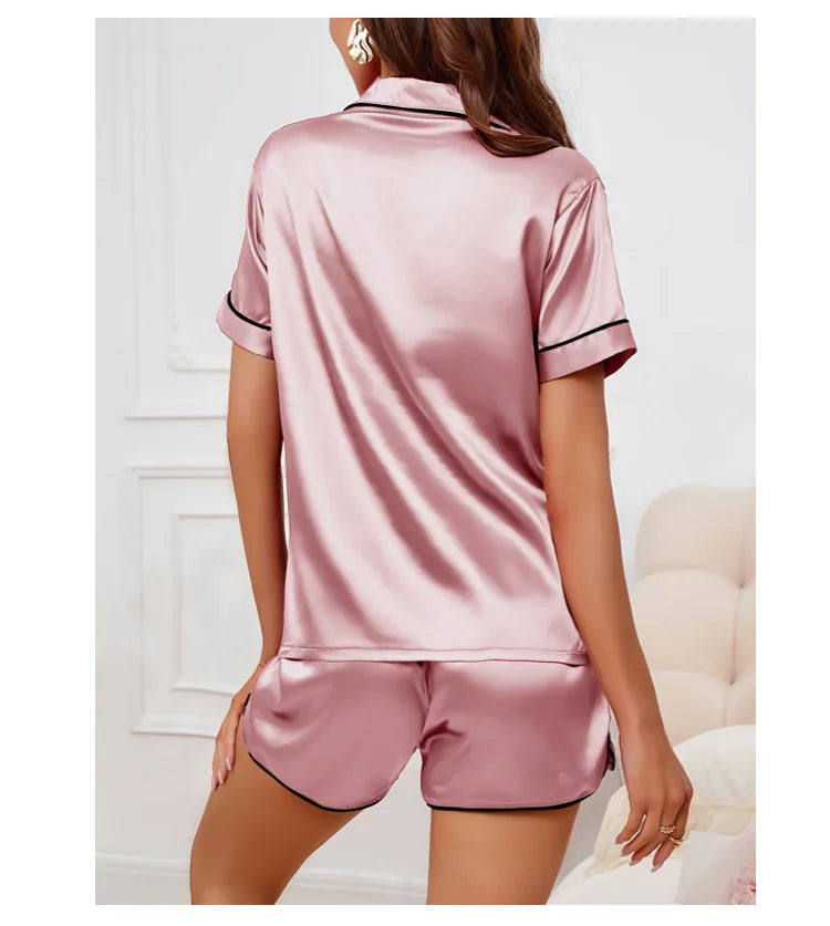 Women’s Heart Embroidered Pajama Set – Short Sleeve Button-Down & Shorts Style Heaven