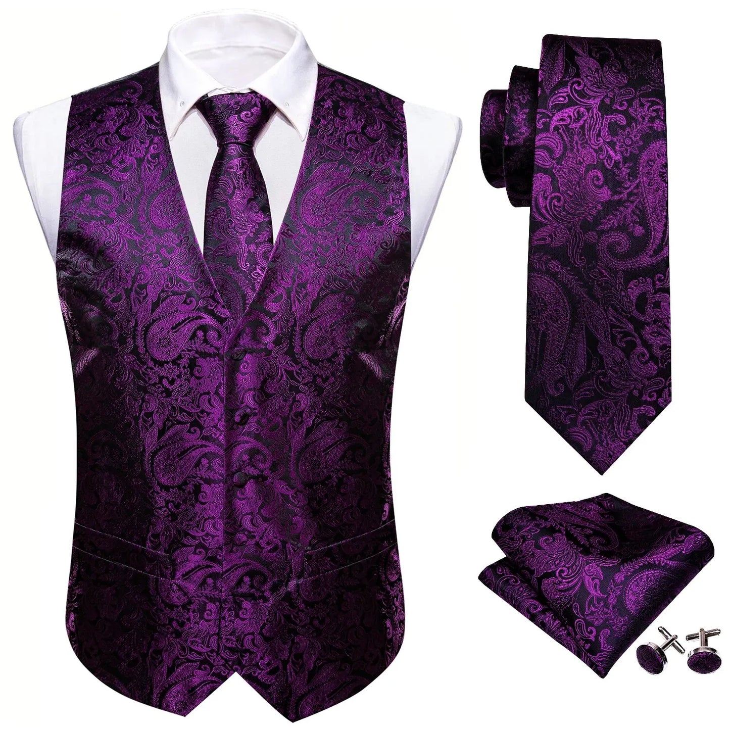 Men’s Jacquard Suit Vest 4-Piece Set – Waistcoat with Tie, Pocket Square & Cufflinks Style Heaven