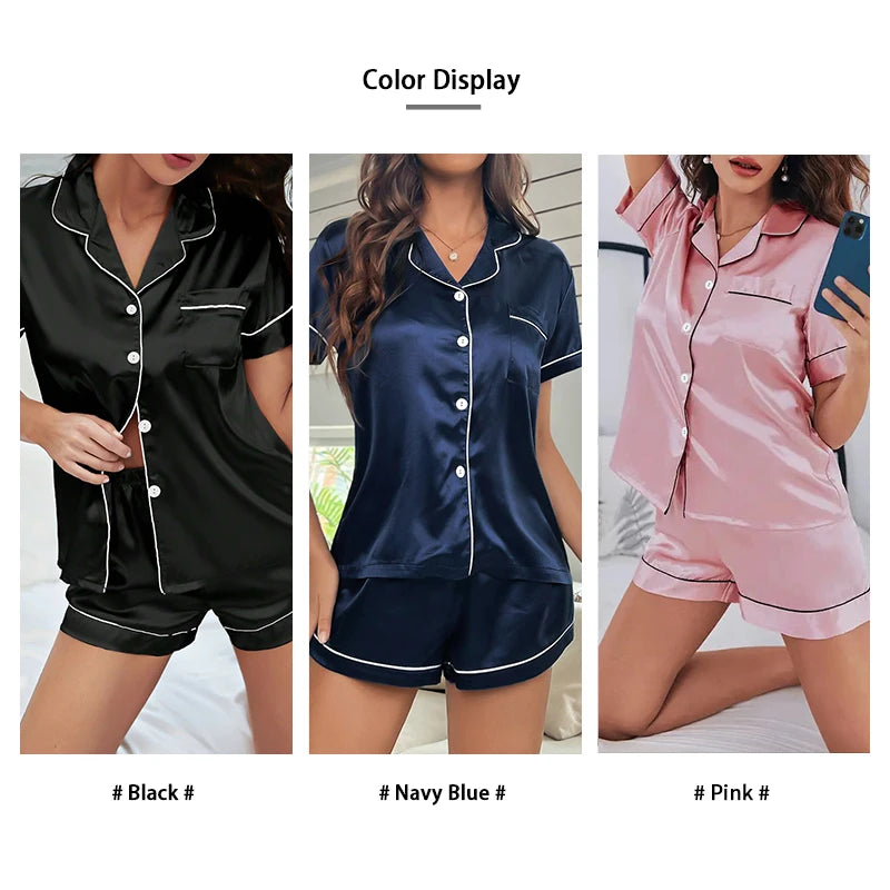 Silk Satin Pajama Set – Button-Down Top & Shorts 2-Piece Sleepwear Style Heaven