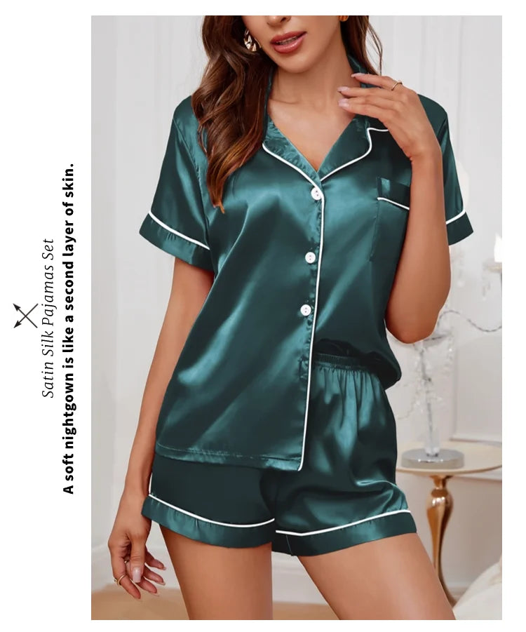 Silk Satin Pajama Set – Button-Down Top & Shorts 2-Piece Sleepwear Style Heaven