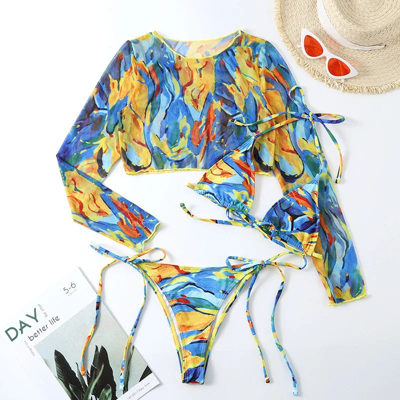 Leopard Print 3-Piece Micro Bikini Set – Halter Top, Low Waist Bottoms & Cover-Up - Style Heaven