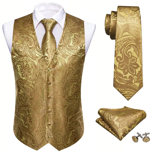 Men’s Jacquard Suit Vest 4-Piece Set – Waistcoat with Tie, Pocket Square & Cufflinks - Style Heaven