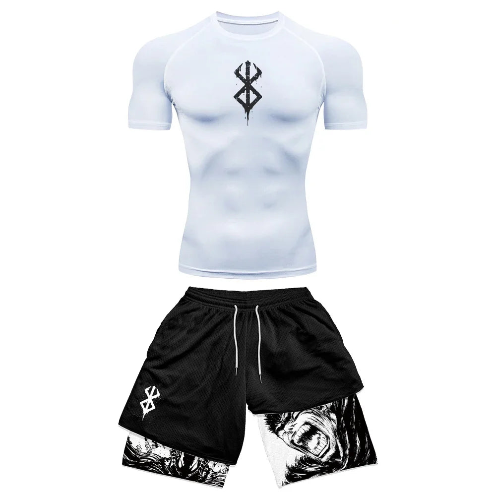 Anime 3D Printed Men's Compression Set – Short Sleeve Gym Top & Workout Shorts | Quick-Dry Athletic Rash Guard Style Heaven