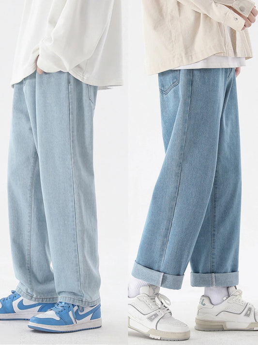 Men’s Korean Fashion Wide-Leg Ankle-Length Jeans – Classic Straight Denim - Style Heaven