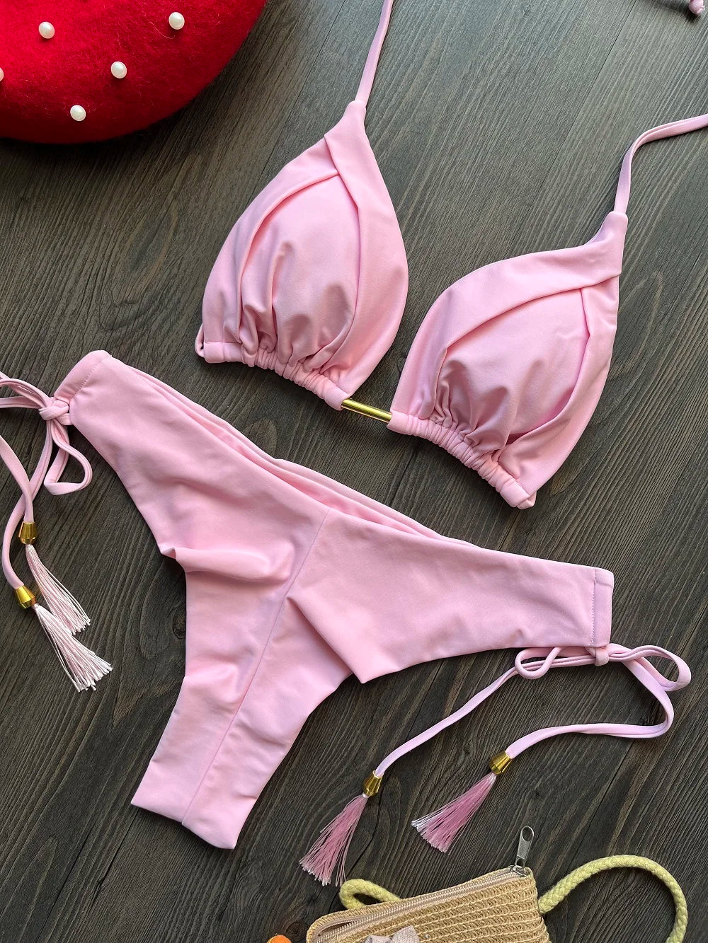 Sexy Triangle Bathing Suit for Women – Brazilian Bikini Halter Swimwear with Push Up and Metal Chain Details Style Heaven