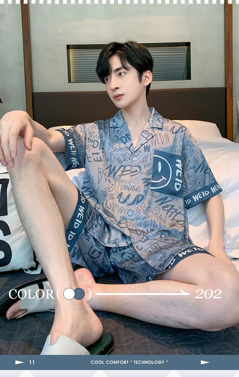 Men’s Ice Silk Pajama Set – Short-Sleeve & Shorts Summer Sleepwear Style Heaven